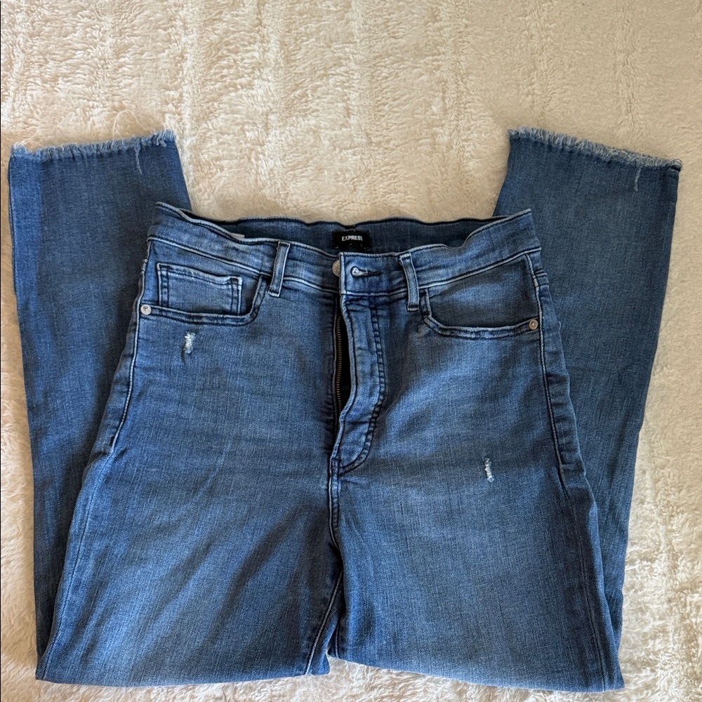 Express High-Rise Straight Leg Jeans — Medium Blue Wash with Frayed Hem